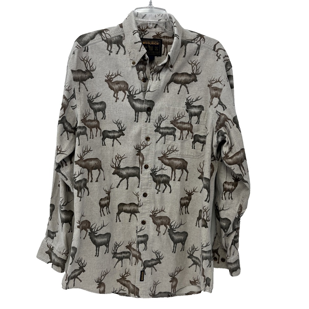 VTG Woolrich Men's Button-Down Flannel Shirt Size XL Elk Print USA Outdoors